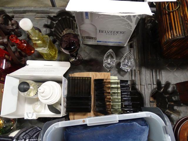 GLASS BOTTLES, CANDLE HOLDERS, FULL SIZE SHEET, BLANKET & MISC