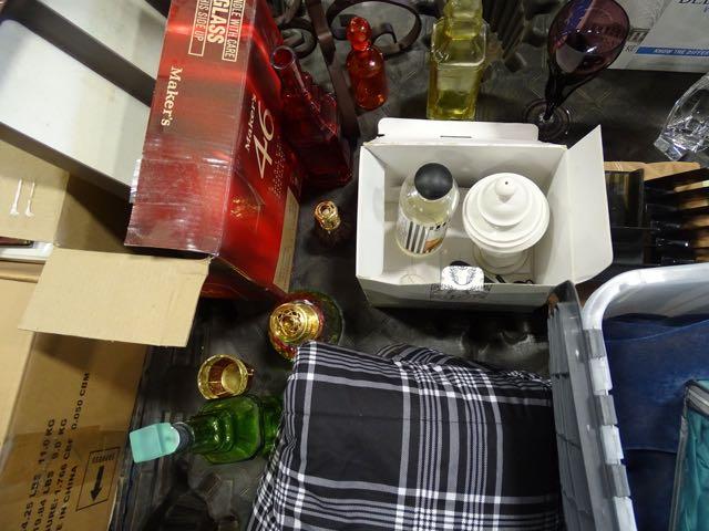 GLASS BOTTLES, CANDLE HOLDERS, FULL SIZE SHEET, BLANKET & MISC