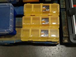 PALLET W/DEWALT STORAGE CONTAINER, SMALL STORAGE CONTAINERS, 5 GALLON BUCKETS & MISC