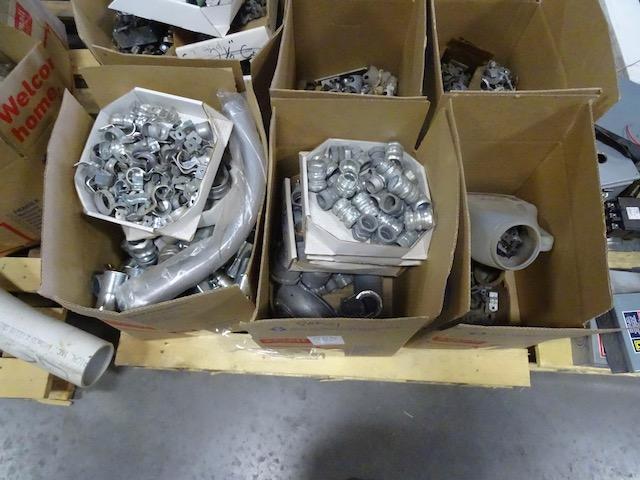 PALLET W/PIPE CLAMPS, STRAPS, CONDUIT FITTINGS & MISC