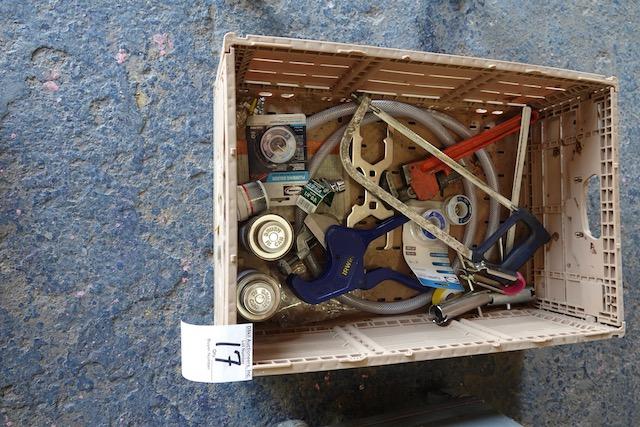 TOTE INCLUDING PVC CUTTER, HACKSAW, PIPE WRENCH & MISC