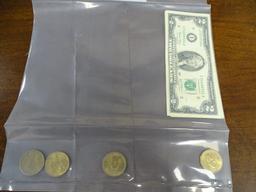 5 $2 BILLS; $4 IN GOLD DOLLAR COINS