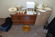 STONEWARE DISHES/CABINET/CLOCK X1