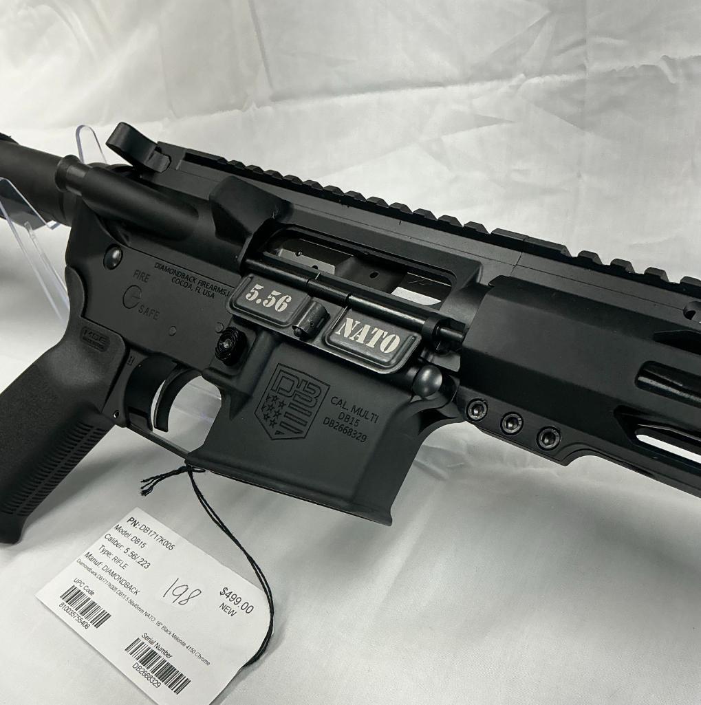 DiamondBack DB15 .223/5.56 Rifle, 16" Black Melonite Barrel, 4150 Chrome, New, SN-DB2668329