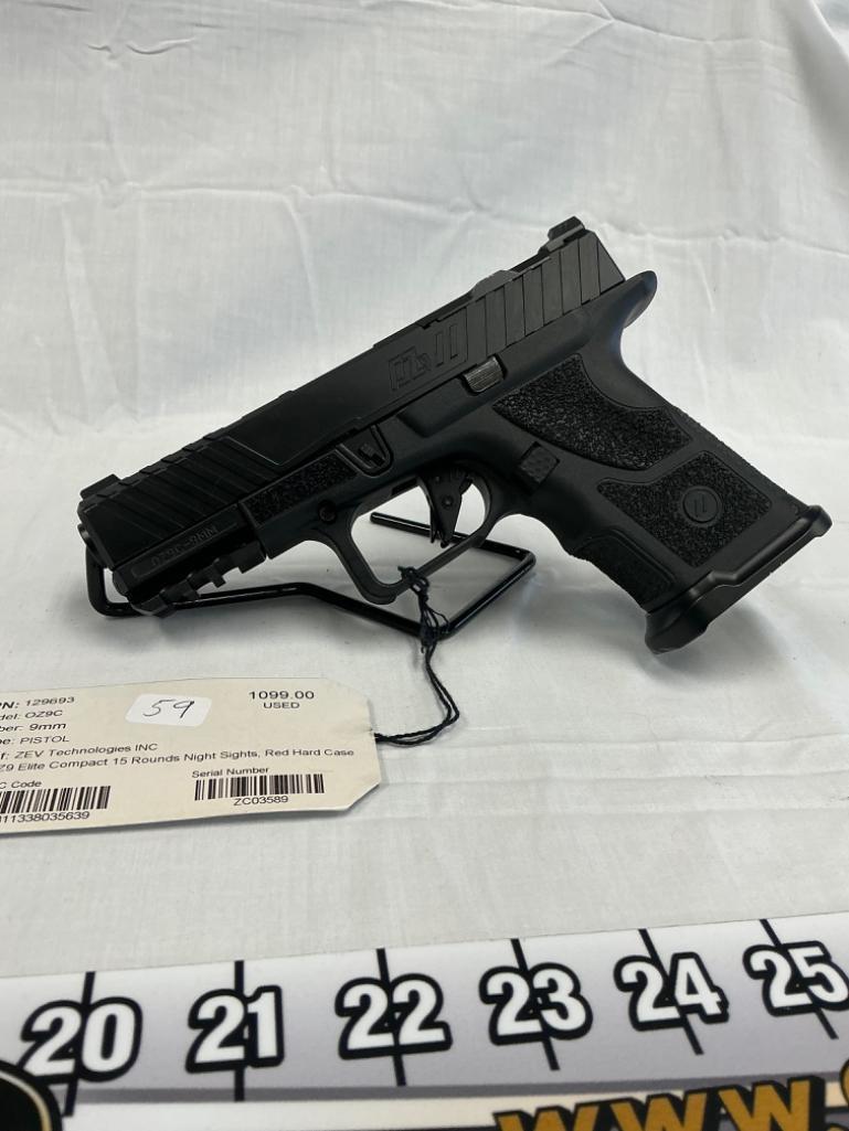 ZEV Technologies Inc, 0Z9C, 9MM, Elite Compact. 15 Round, Night Sights, Used, SN- ZC03589