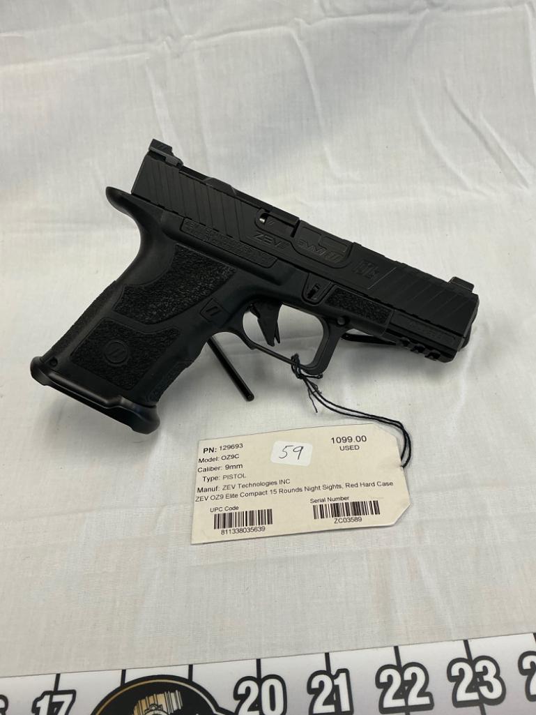 ZEV Technologies Inc, 0Z9C, 9MM, Elite Compact. 15 Round, Night Sights, Used, SN- ZC03589
