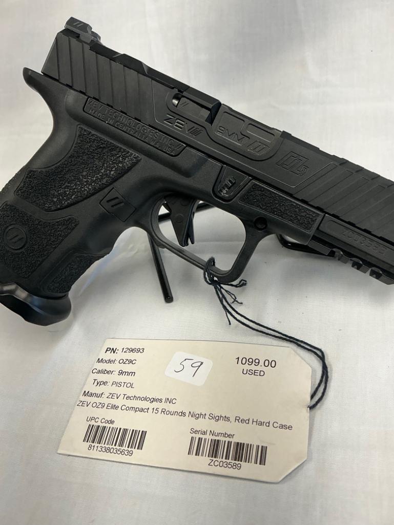 ZEV Technologies Inc, 0Z9C, 9MM, Elite Compact. 15 Round, Night Sights, Used, SN- ZC03589