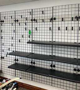4- 2'x7' Gridwall Panels, Inlcudes Wall Mount Brackets and Peg Hooks Hanging on them