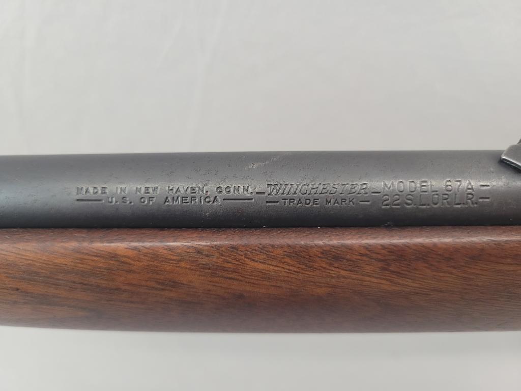Winchester Model 67A Rifle Winchester 67A rifle, single shot .22 LR, bolt action type rifle. Looks t