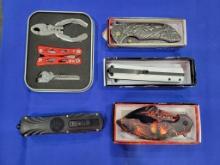 Asian Motif Knives & Swiss Knife Set Small set of Asian inspired knives along with Swiss army set, a