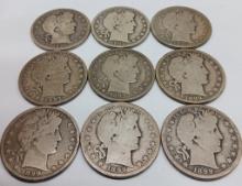 Barber SILVER Half Dollars QTY 9 TIMES THE MONEY
