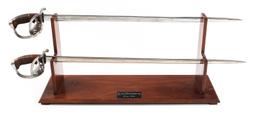 19th C. GERMAN PAIR OF M1889 SWORDS & WOOD MOUNT