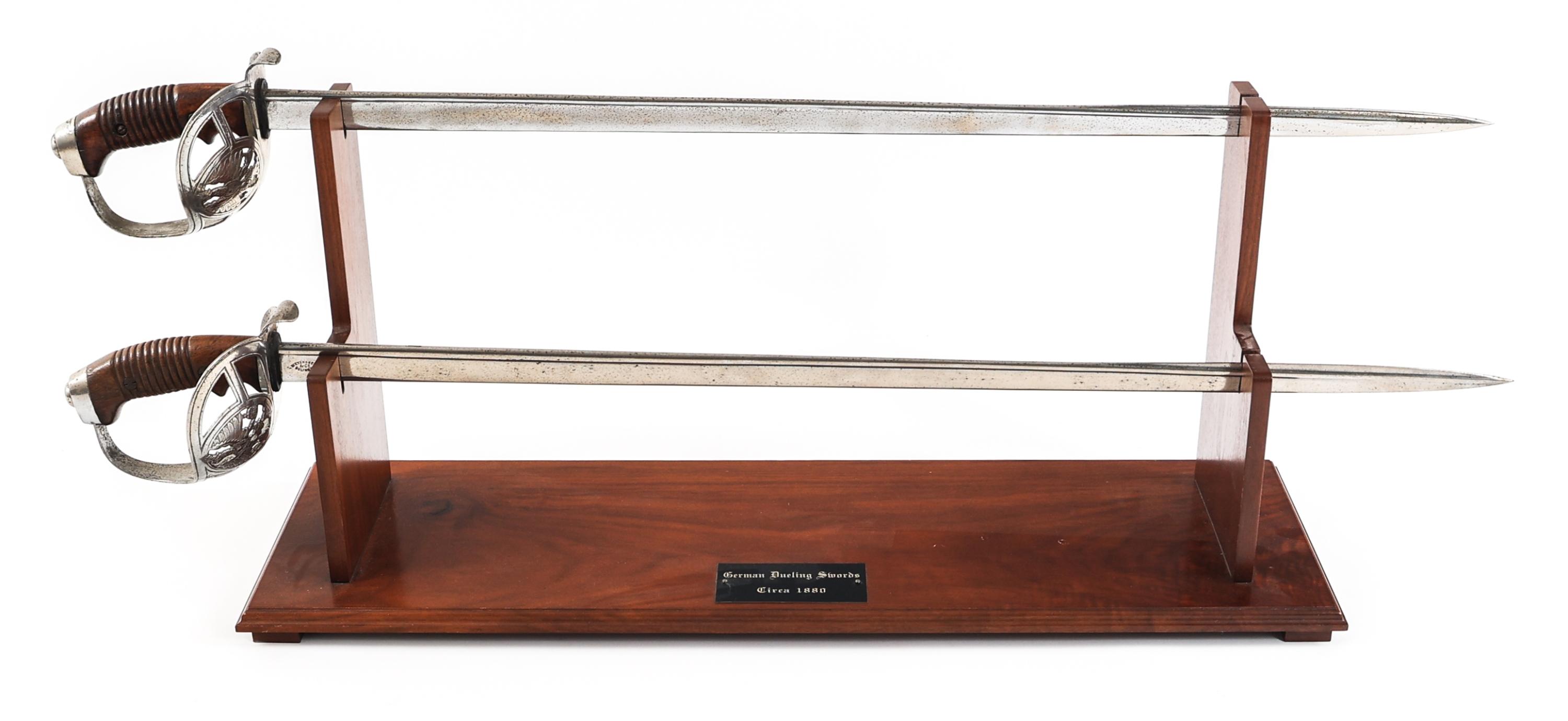 19th C. GERMAN PAIR OF M1889 SWORDS & WOOD MOUNT