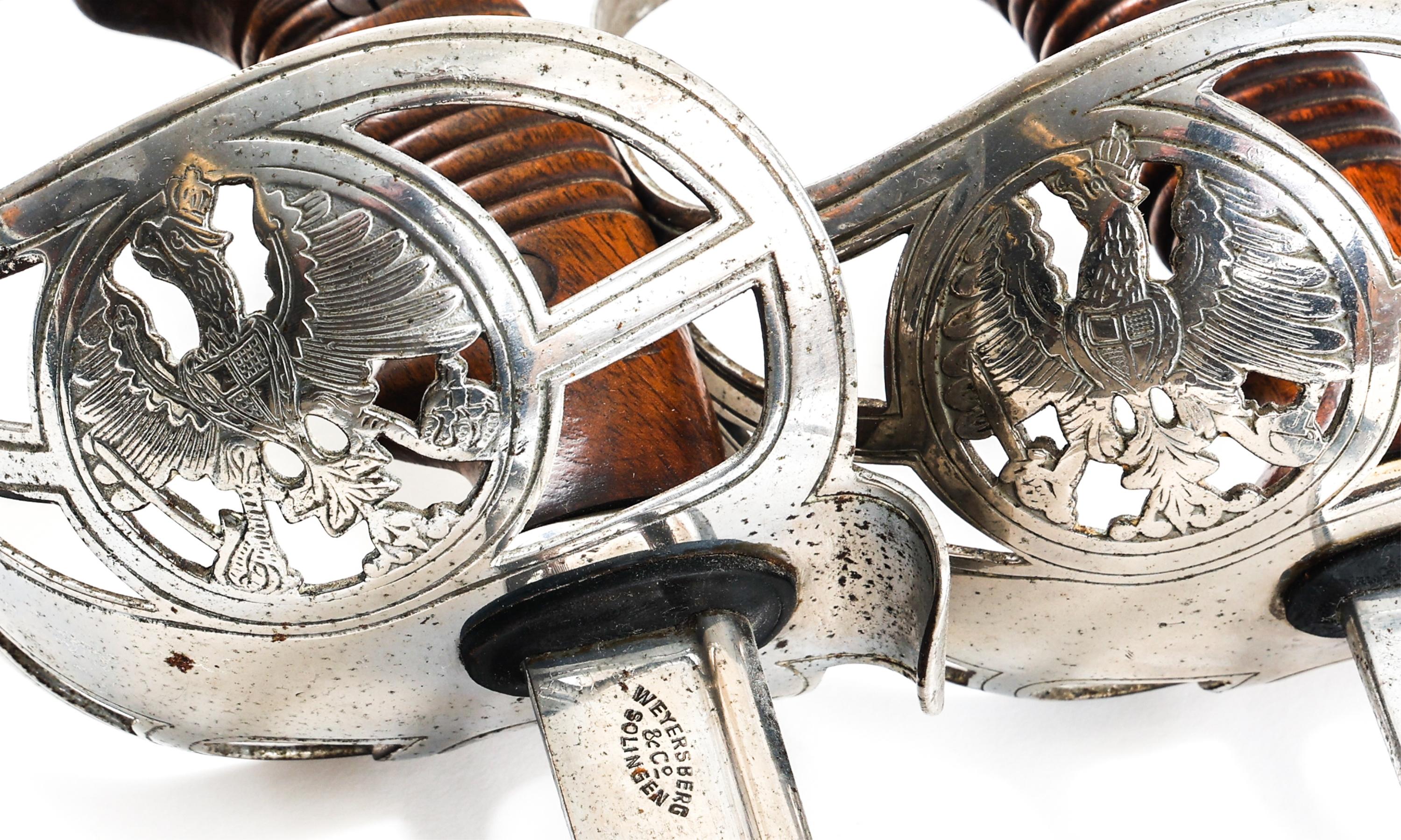 19th C. GERMAN PAIR OF M1889 SWORDS & WOOD MOUNT