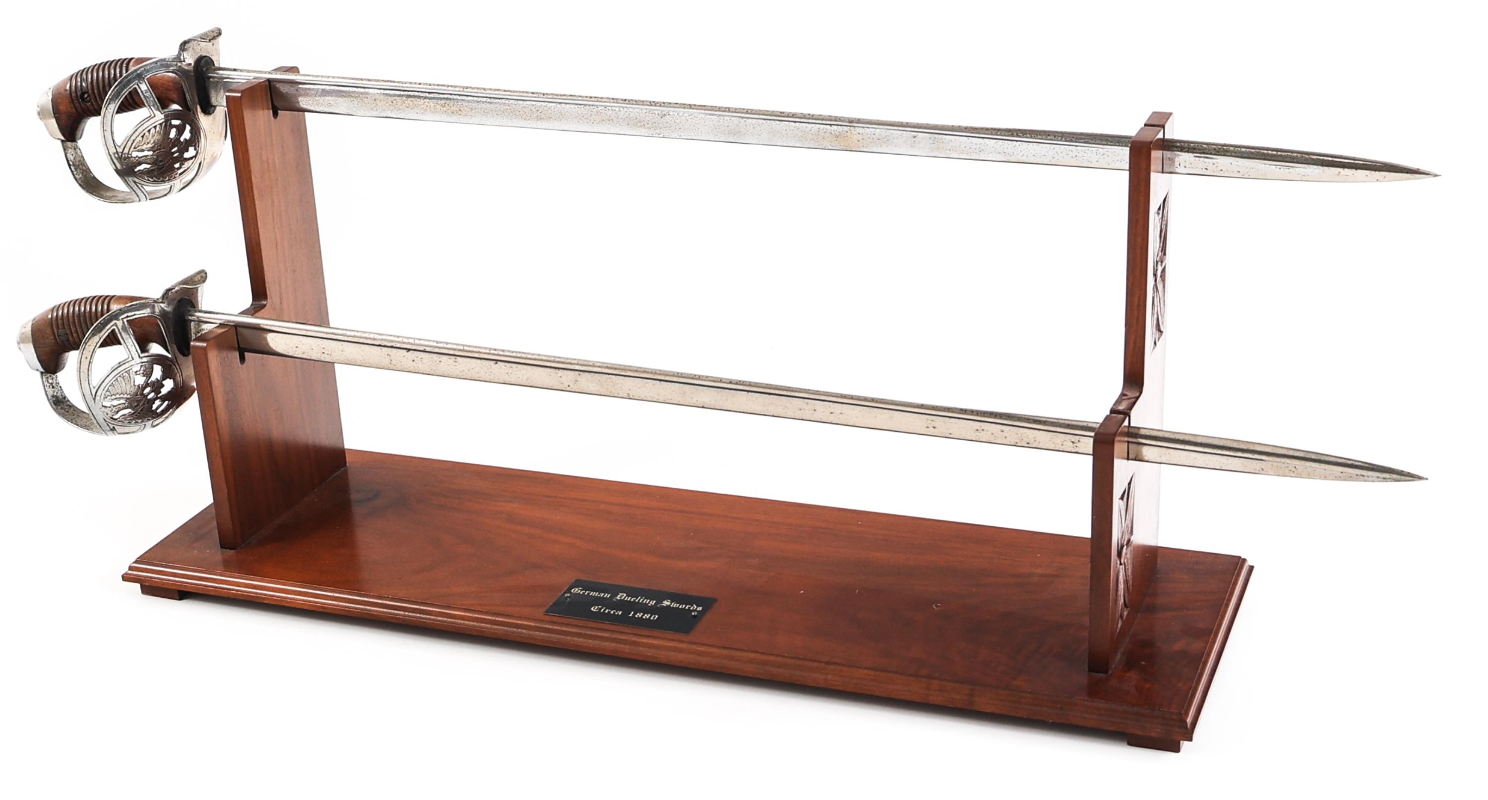 19th C. GERMAN PAIR OF M1889 SWORDS & WOOD MOUNT
