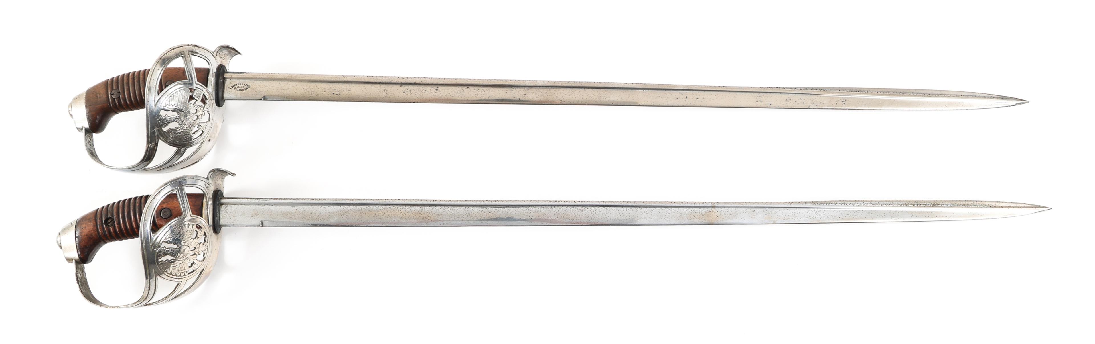 19th C. GERMAN PAIR OF M1889 SWORDS & WOOD MOUNT