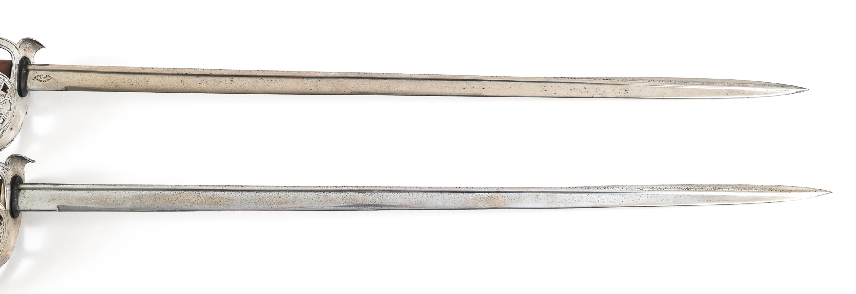 19th C. GERMAN PAIR OF M1889 SWORDS & WOOD MOUNT