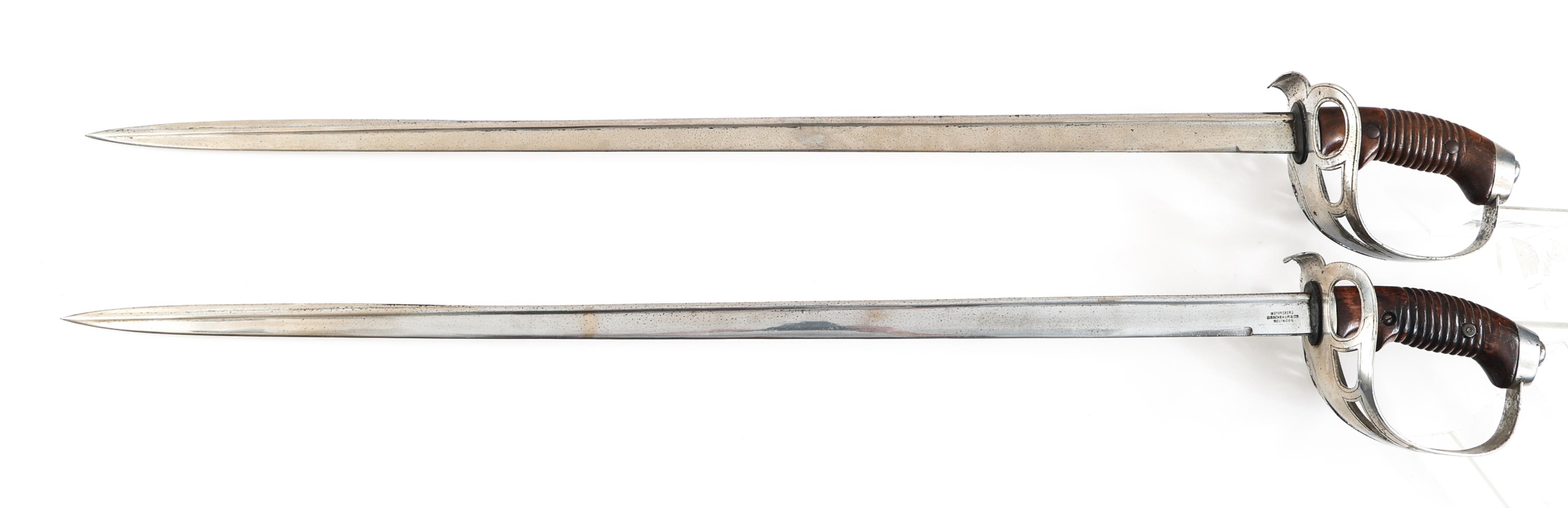 19th C. GERMAN PAIR OF M1889 SWORDS & WOOD MOUNT
