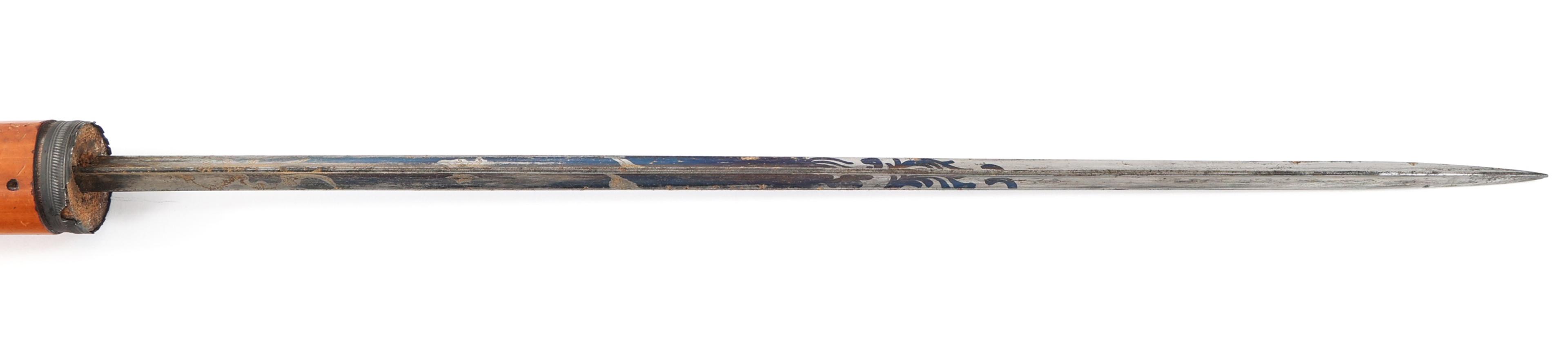 19th C. WOOD CANE WITH TRIANGULAR SWORD BLADE