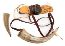 EARLY 20th C. POWDER HORN SET & TURTLE SHELL POUCH