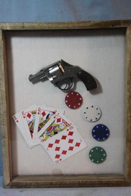 Gambler's S & W .32 w/playing cards and poker chip, framed