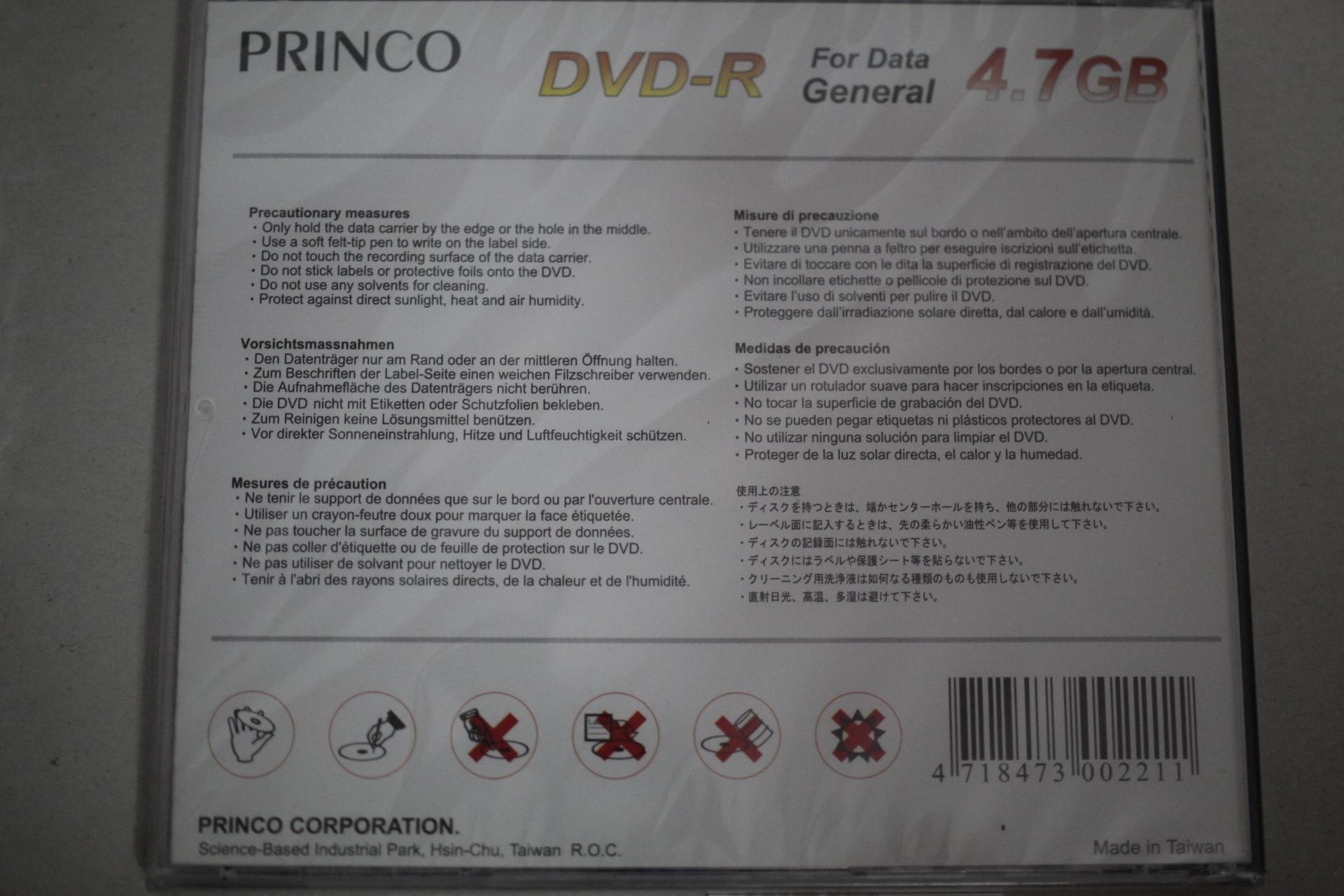 4 New DVD's, DVD-R, For Data, DVD Recordable Disc., General, 4.7 GB Each, Princo, Sealed