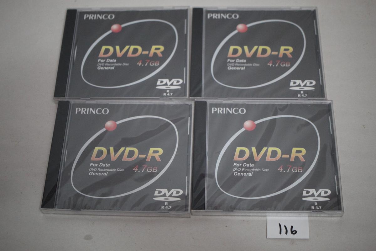 4 New DVD's, DVD-R, For Data, DVD Recordable Disc., General, 4.7 GB Each, Princo, Sealed