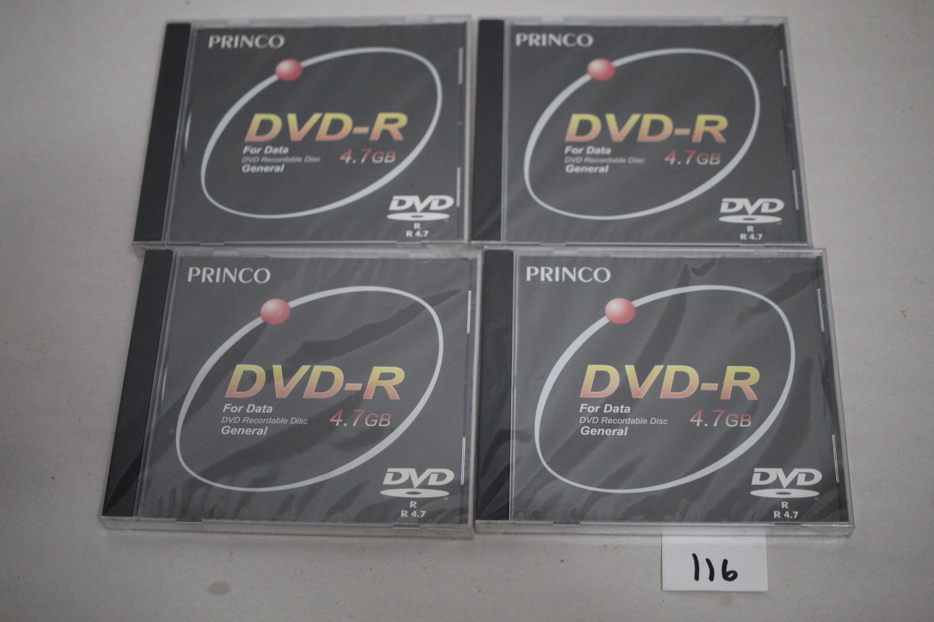 4 New DVD's, DVD-R, For Data, DVD Recordable Disc., General, 4.7 GB Each, Princo, Sealed