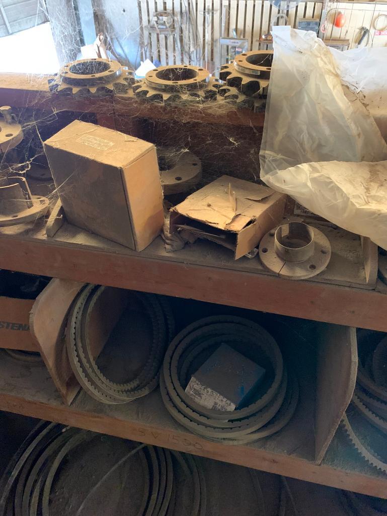 Content of Upstairs: Assorted Belts, Bearings, Bushings, Sprockets, Pulleys, Rollers, & More