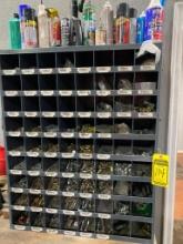 Bench & Pigeonhole Cabinet w/ Assorted Hardware & Misc.