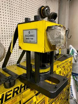 Coll-O-Crimp I Hydraulic Crimping Machine w/ (3) Drawer Cabinets of Fittings, Couplers, & Support