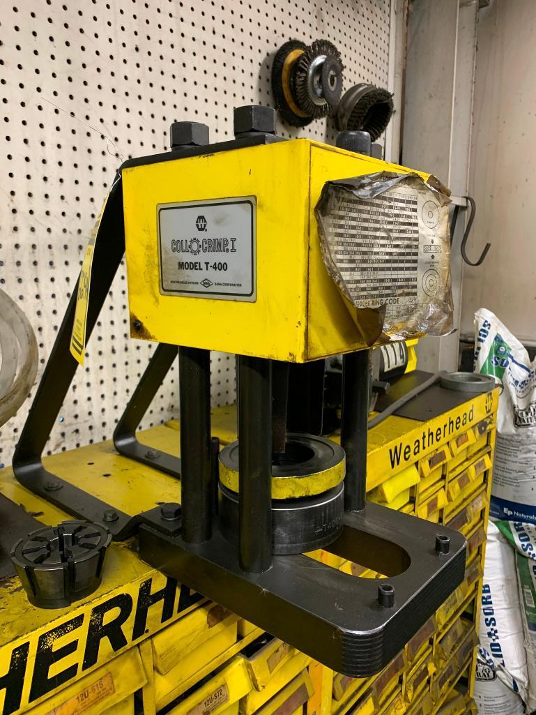 Coll-O-Crimp I Hydraulic Crimping Machine w/ (3) Drawer Cabinets of Fittings, Couplers, & Support