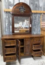 Two Piece Dark Wooden 6 Drawer & Cabinet Dresser