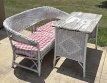 White Wicker Patio Bench & Table