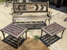 Metal & Wood Outdoor Bench W/ Side Tables