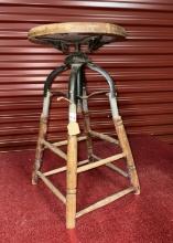 Antique Stool Wood & Metal Swivel Stool