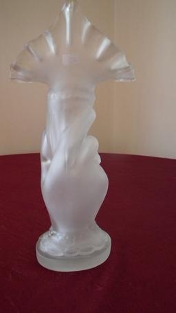 Fenton, clear satin hand vase, jack in the pulpit crimped top, marked Fenton, 9 1/4” x 4 1/4”