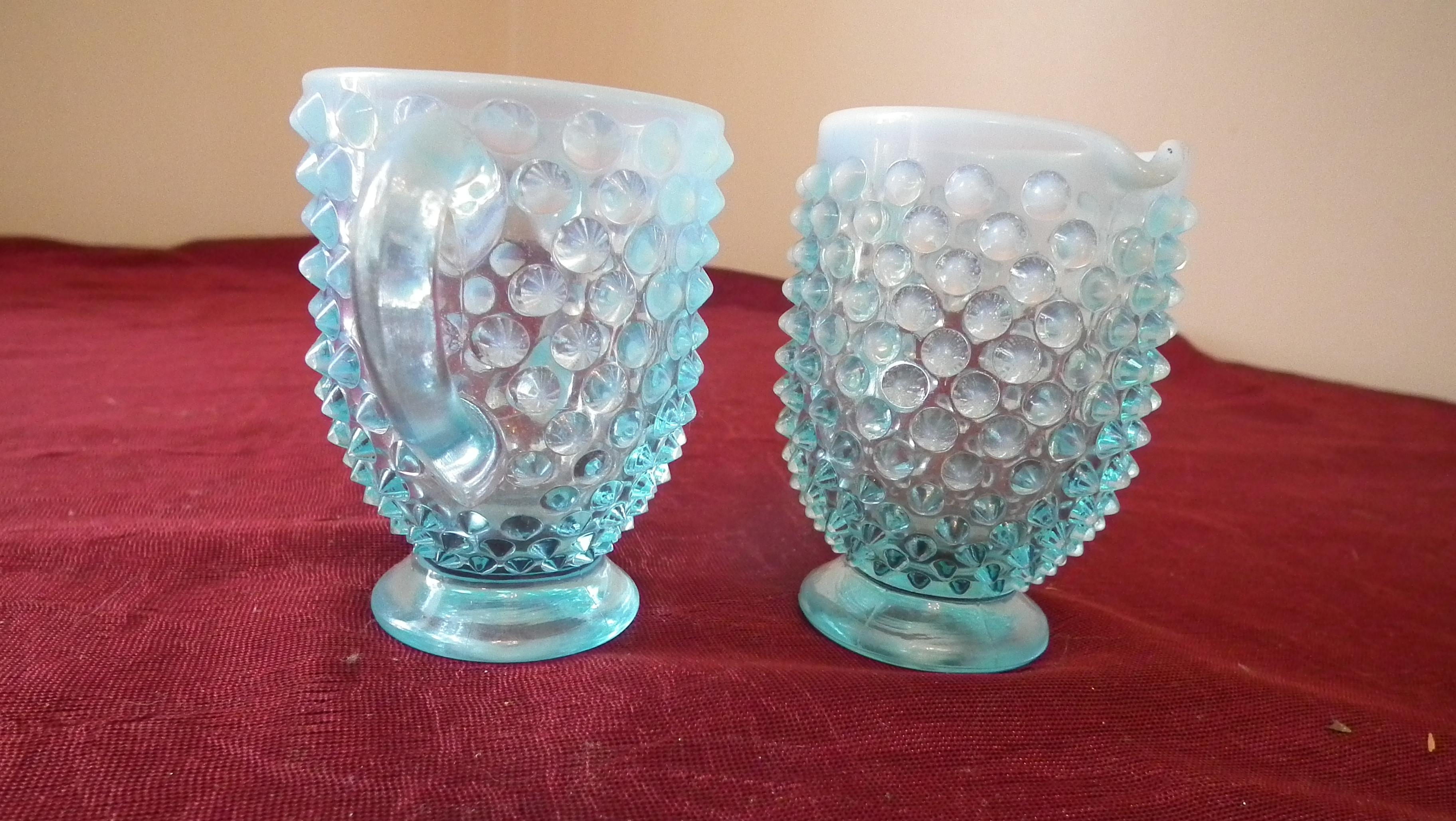 Fenton, blue & white opalescent hobnail sugar & creamer, unmarked, creamer