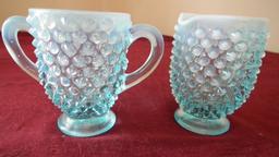 Fenton, blue & white opalescent hobnail sugar & creamer, unmarked, creamer