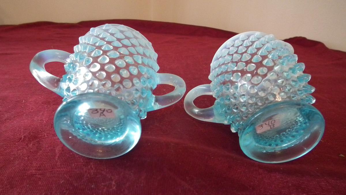 Fenton, blue & white opalescent hobnail sugar & creamer, unmarked, creamer