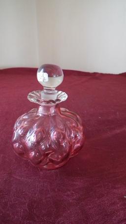 Cranberry & clear stoppered perfume, criss cross design, unmarked, chip on