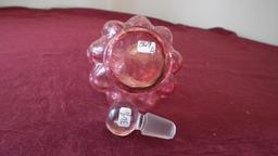 Cranberry & clear stoppered perfume, criss cross design, unmarked, chip on