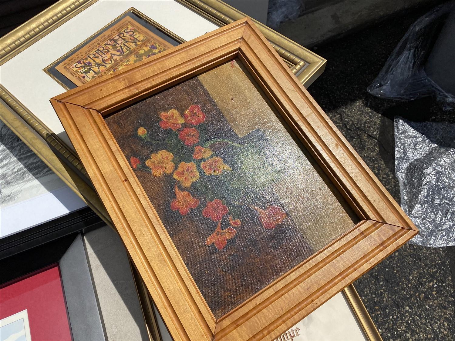 Table lot of assorted framed art, Coca Cola trays, paintings
