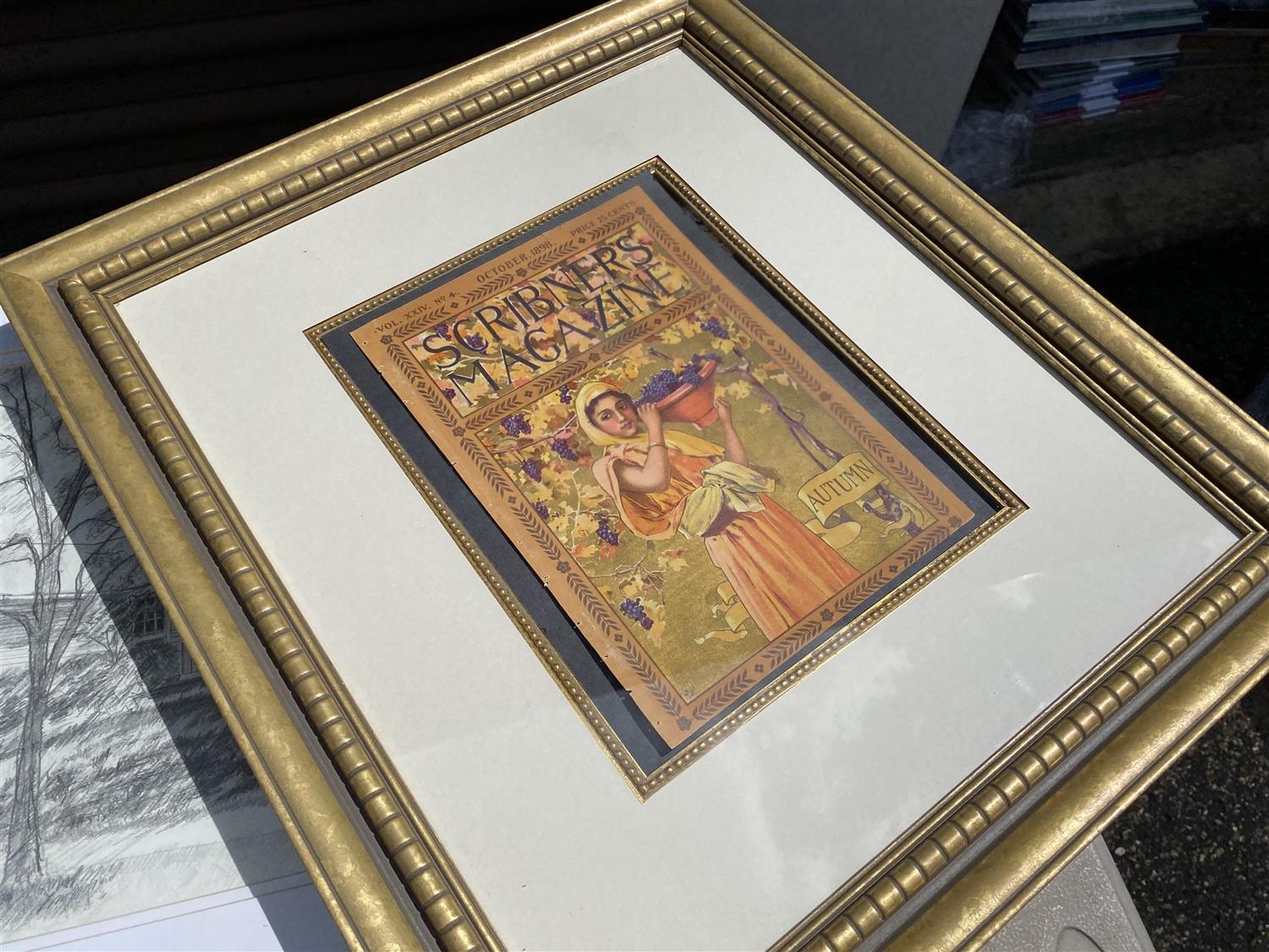 Table lot of assorted framed art, Coca Cola trays, paintings