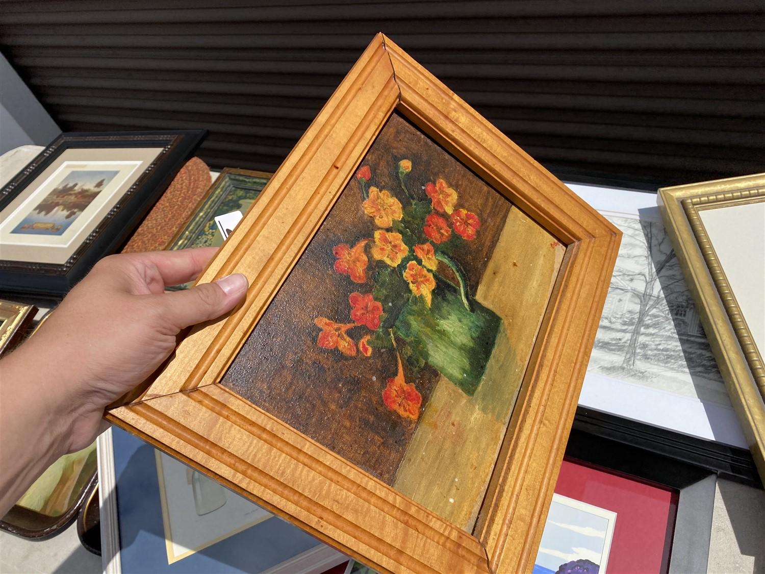 Table lot of assorted framed art, Coca Cola trays, paintings