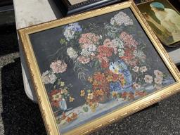 Table lot of assorted framed art, Coca Cola trays, paintings
