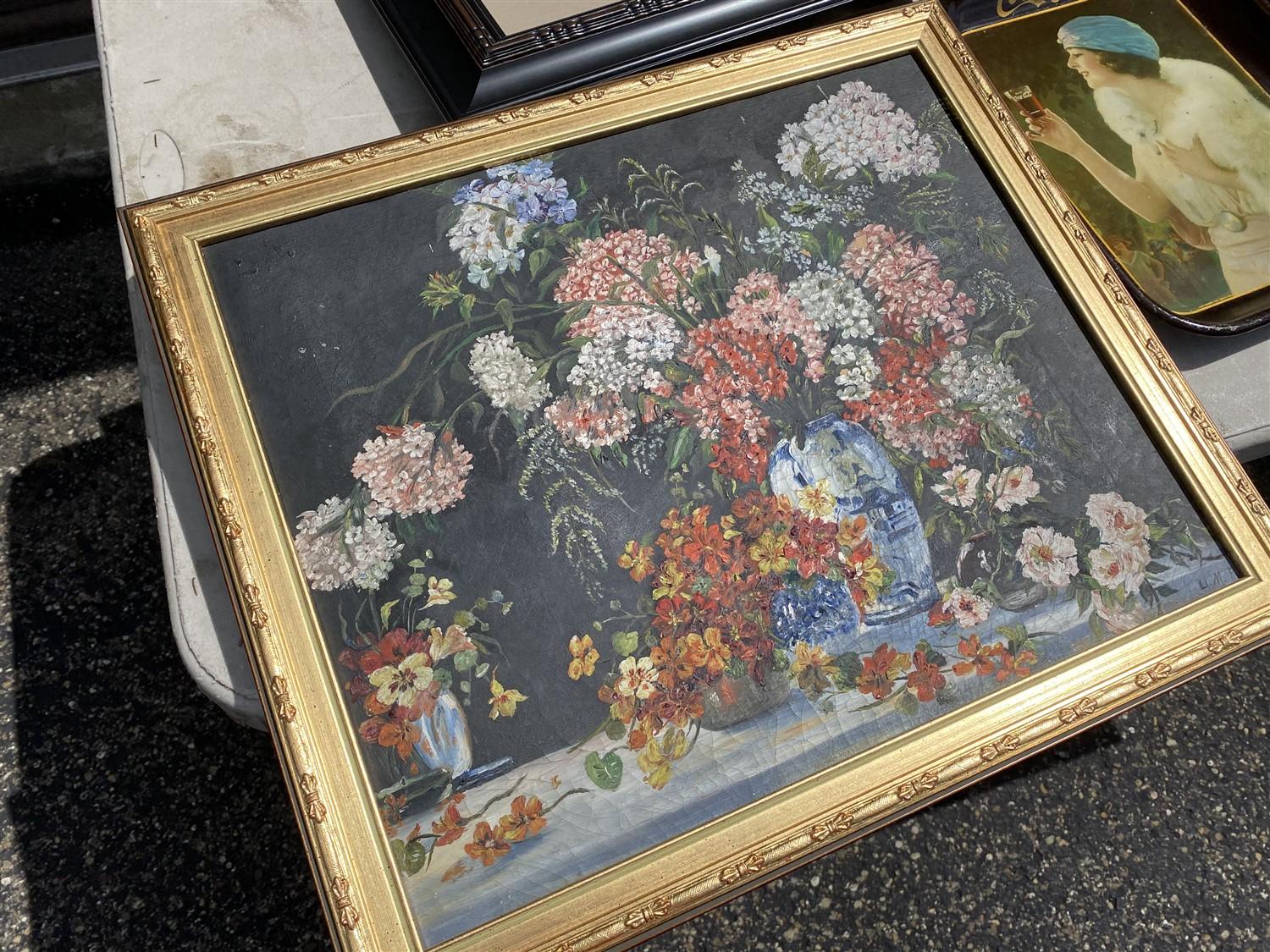 Table lot of assorted framed art, Coca Cola trays, paintings