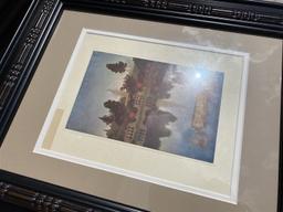 Table lot of assorted framed art, Coca Cola trays, paintings