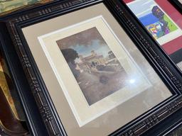 Table lot of assorted framed art, Coca Cola trays, paintings