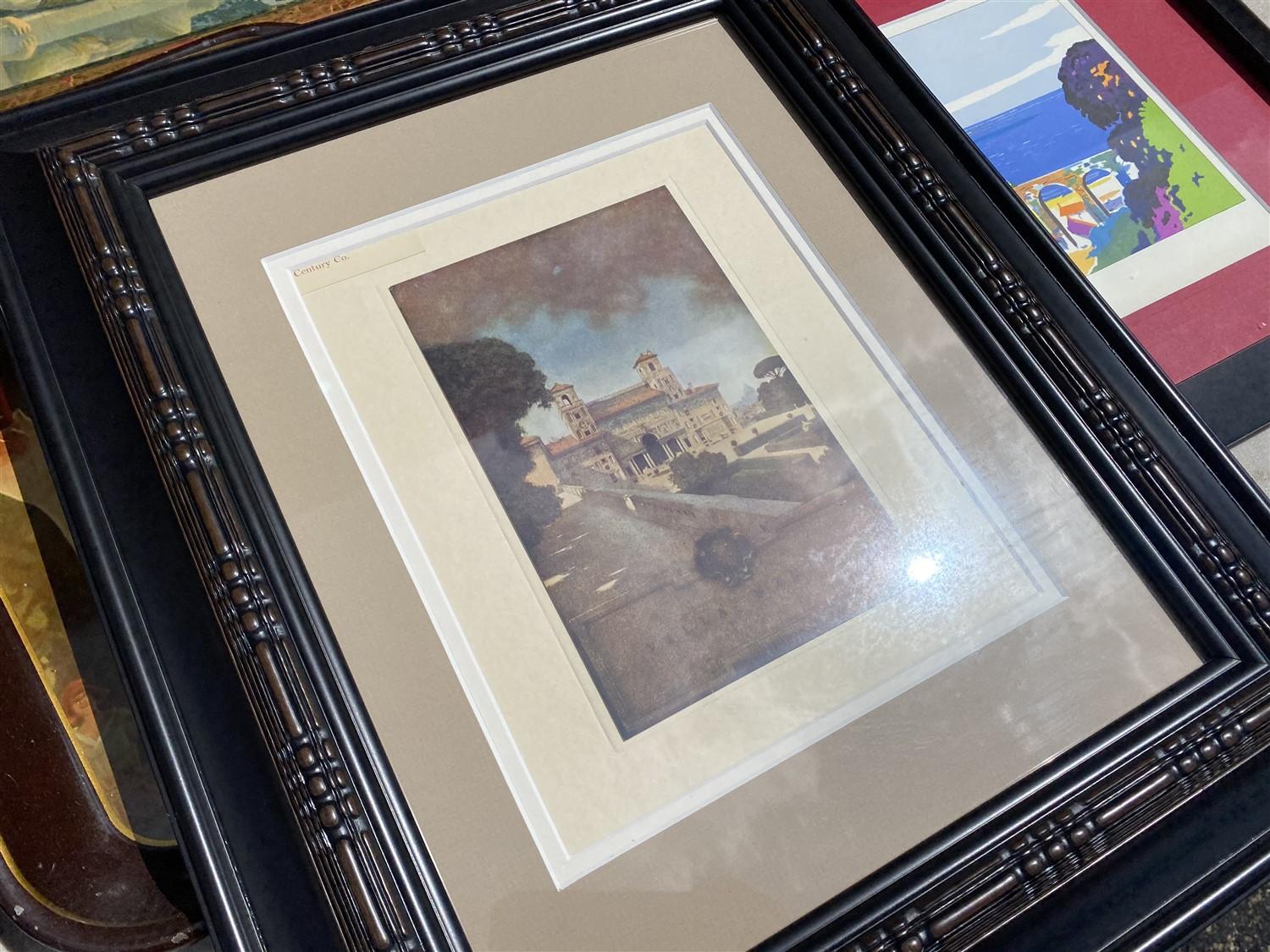 Table lot of assorted framed art, Coca Cola trays, paintings